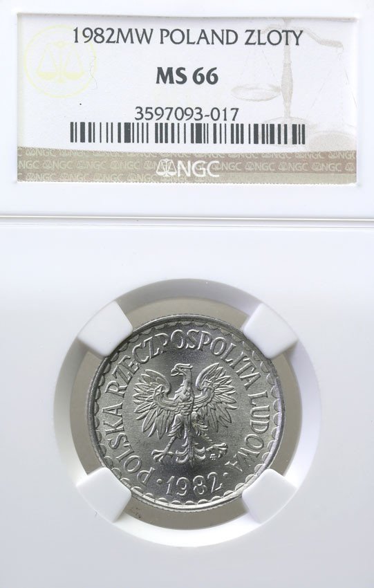 PRL. 1 złoty 1982 aluminium NGC MS66
